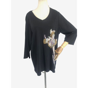 Quacker Factory  Black Sequin Floral V-Neck‎ 3/4 SleeveTop Shirt Womens 1X NWOT